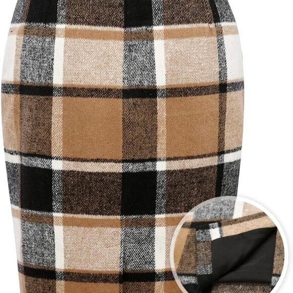 Midi Plaid Skirts for Women Fall Winter Knee Length Pencil Wool Skirt with Slit - Picture 5 of 6